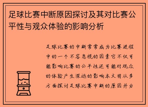 足球比赛中断原因探讨及其对比赛公平性与观众体验的影响分析