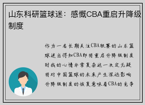 山东科研篮球迷：感慨CBA重启升降级制度