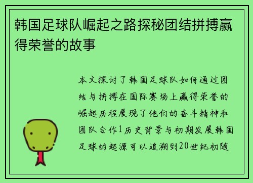 韩国足球队崛起之路探秘团结拼搏赢得荣誉的故事
