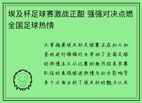 埃及杯足球赛激战正酣 强强对决点燃全国足球热情