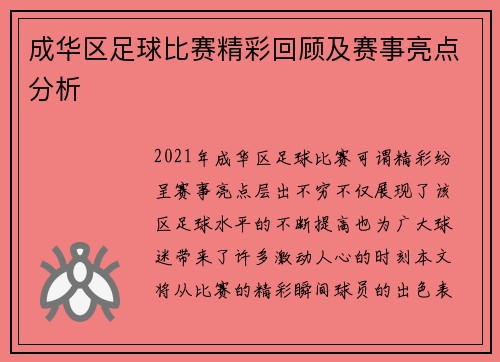成华区足球比赛精彩回顾及赛事亮点分析