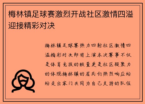 梅林镇足球赛激烈开战社区激情四溢迎接精彩对决