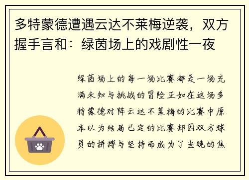 多特蒙德遭遇云达不莱梅逆袭，双方握手言和：绿茵场上的戏剧性一夜