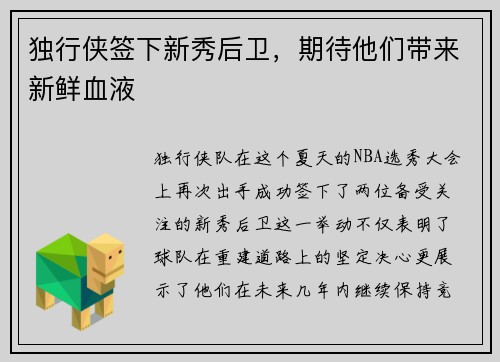 独行侠签下新秀后卫，期待他们带来新鲜血液