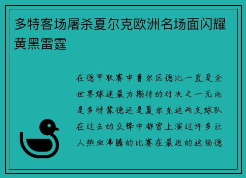 多特客场屠杀夏尔克欧洲名场面闪耀黄黑雷霆