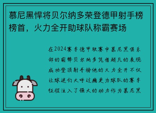 慕尼黑悍将贝尔纳多荣登德甲射手榜榜首，火力全开助球队称霸赛场