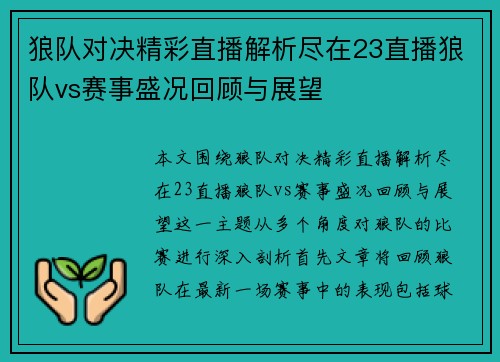 狼队对决精彩直播解析尽在23直播狼队vs赛事盛况回顾与展望