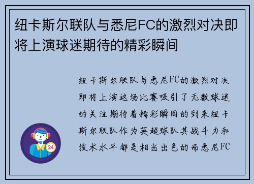 纽卡斯尔联队与悉尼FC的激烈对决即将上演球迷期待的精彩瞬间