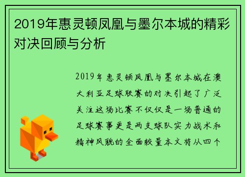2019年惠灵顿凤凰与墨尔本城的精彩对决回顾与分析