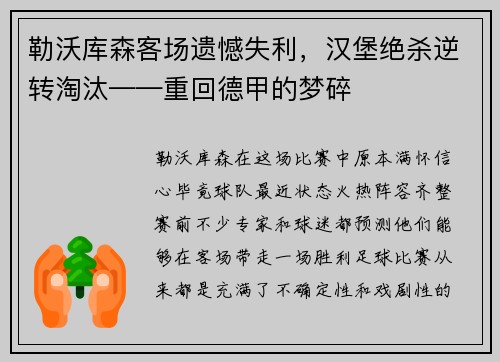 勒沃库森客场遗憾失利，汉堡绝杀逆转淘汰——重回德甲的梦碎